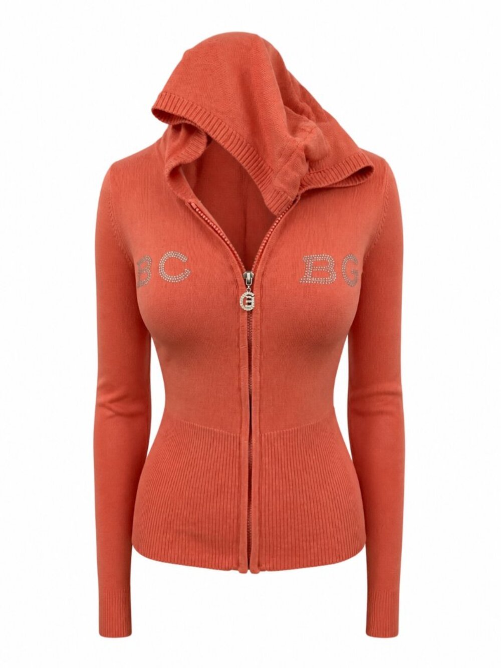 BCBG Hooded Cardigan Sweater Size Large Coral gem logo hooded zip up womens